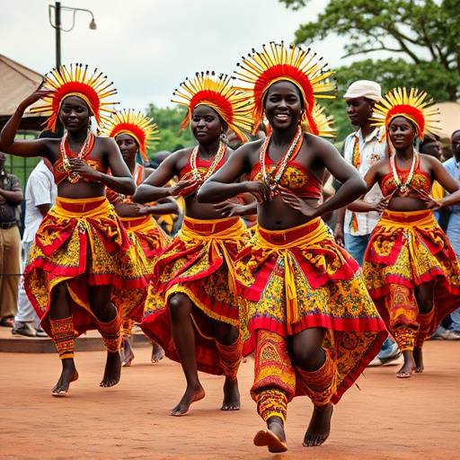 A group of Ugandan dancers performing a traditional dance with drums and vibrant costumes.