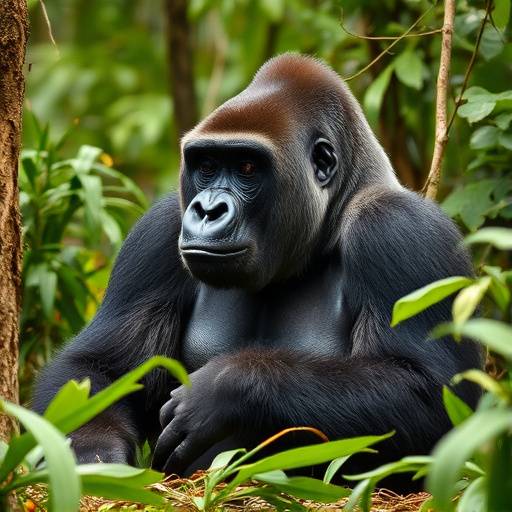 A majestic gorilla in its natural habitat in Bwindi Impenetrable Forest.