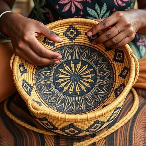 A Ugandan artisan crafting a basket with intricate patterns.