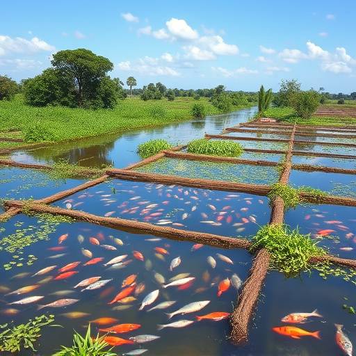 A view of the Lake Victoria Fisheries aquaculture farm, showing fish ponds and processing facilities