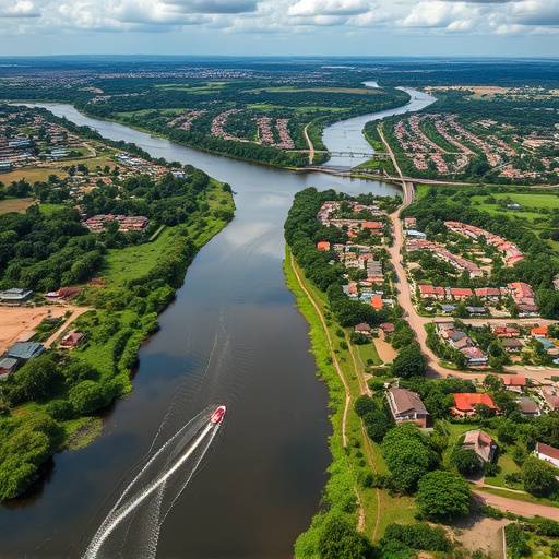 Jinja town aerial view showing source of the Nile and rafting activities