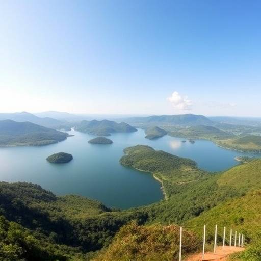 Panoramic view of Lake Bunyonyi with lush green hills surrounding the lake.