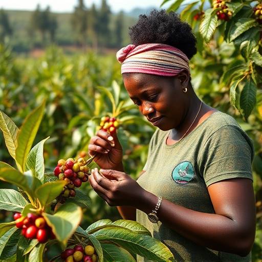 Sarah Nakimuli, founder of GreenLeaf Coffee Importers, inspecting coffee beans on a farm in Uganda