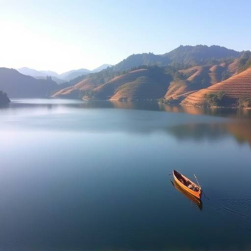 Serene Lake Bunyonyi with terraced hillsides and dugout canoes