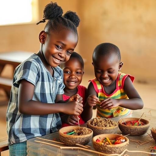 Ugandan children learning traditional crafts at a cultural center.